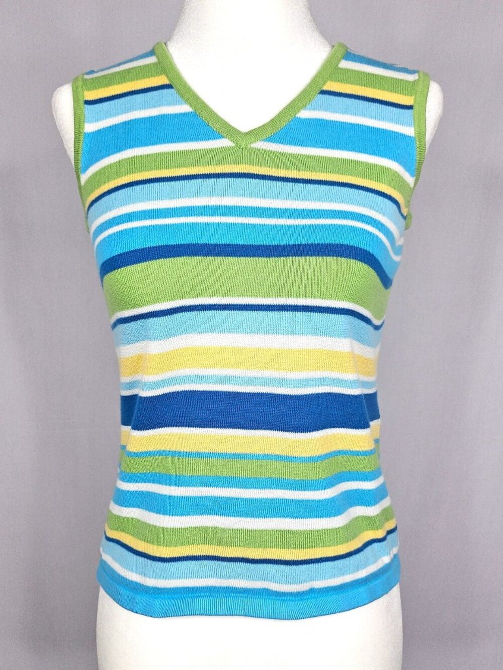 Casual Corner Annex Knit Shell | Blue Green Stripe | Size Petite (P)